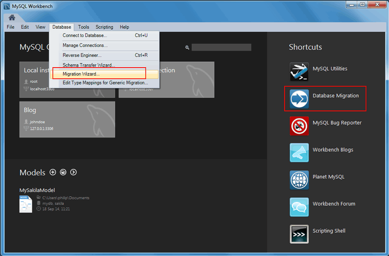 MySQL Workbench migration: Start