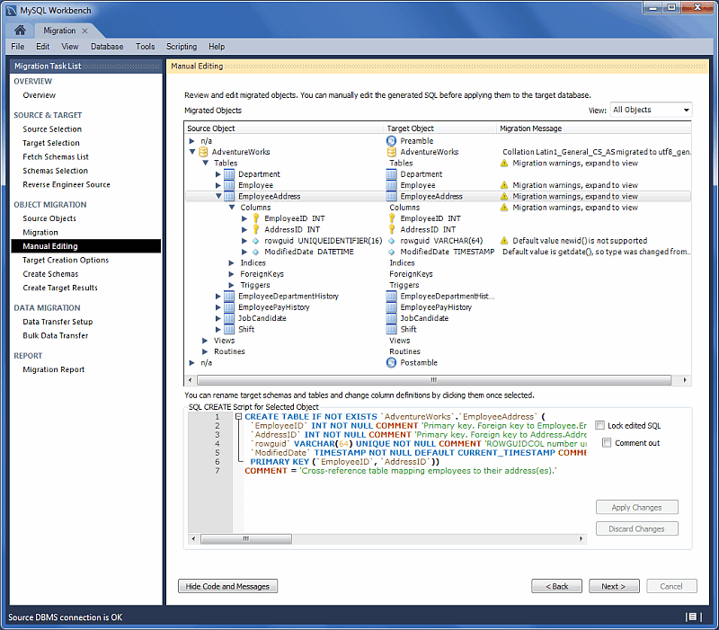 MySQL Workbench migration: Manual Editing (All Objects)