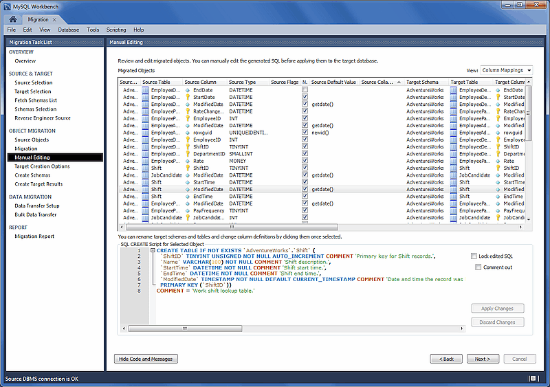 MySQL Workbench migration: Manual Editing (Column Mappings)