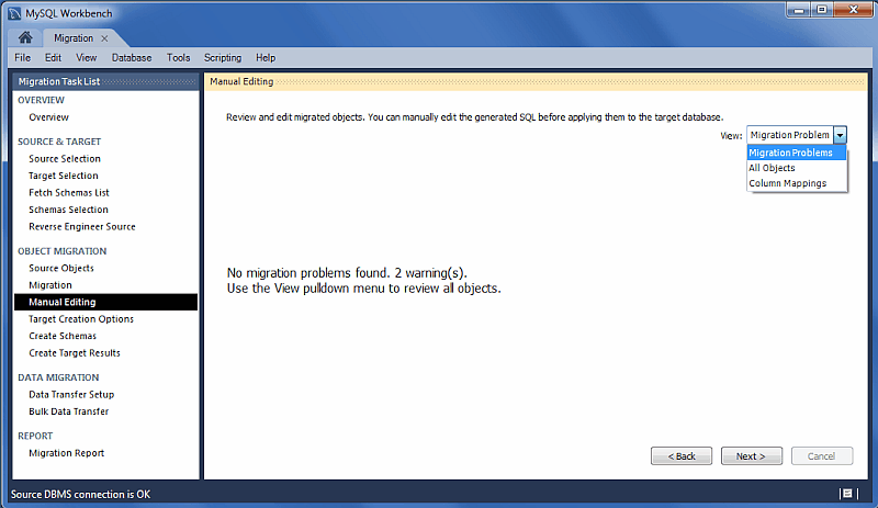 MySQL Workbench migration: Manual Editing (Program Problems)