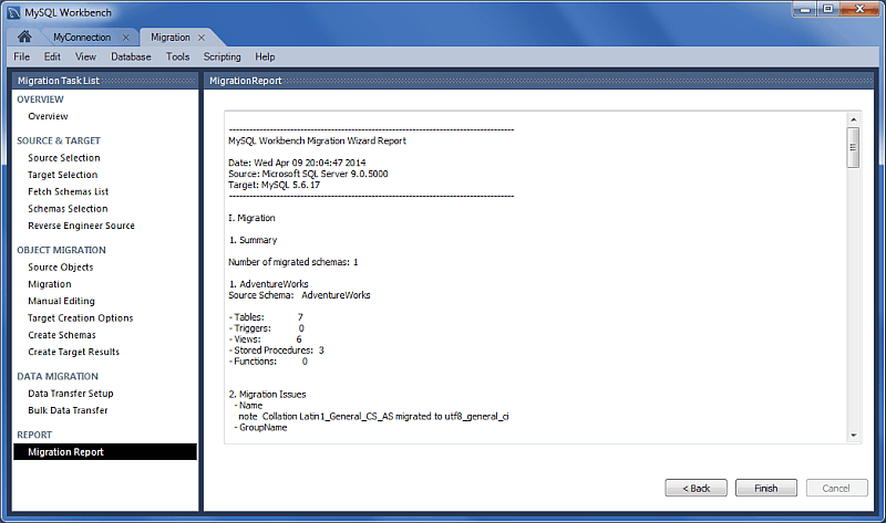 MySQL Workbench migration: Migration Report