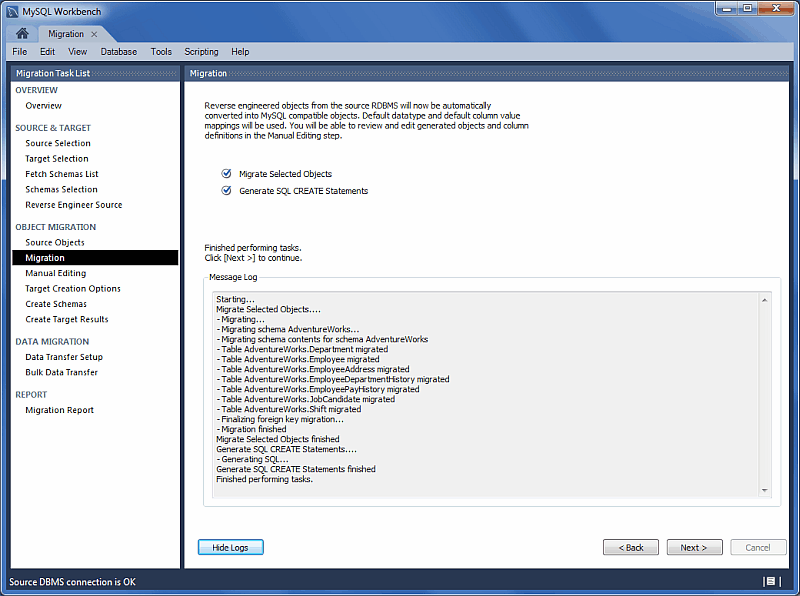 MySQL Workbench migration: Migration