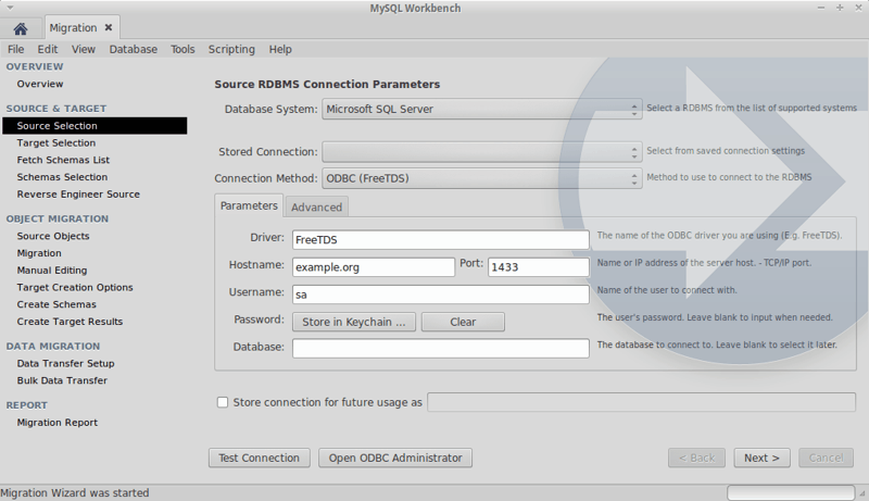 SQL Server Connection Parameters Example on Linux