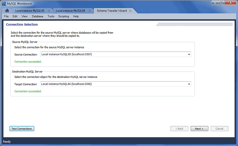 MySQL Schema Transfer Wizard: Connection Selection