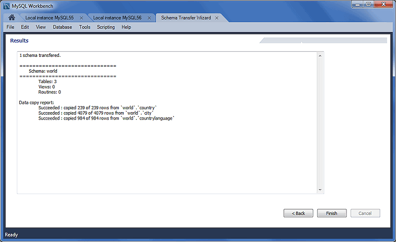 MySQL Schema Transfer Wizard: Results