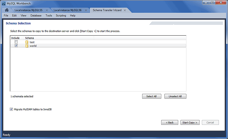 MySQL Schema Transfer Wizard: Schema Selection