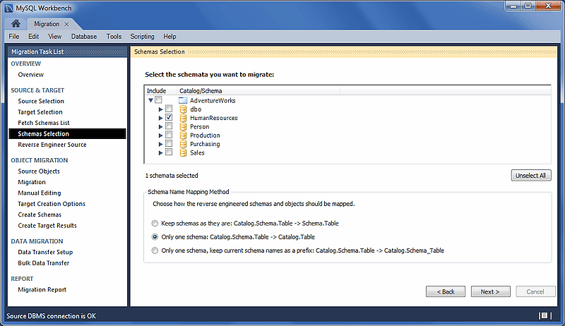 MySQL Workbench migration: Schemata Selection