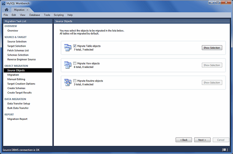 MySQL Workbench migration: Source Objects