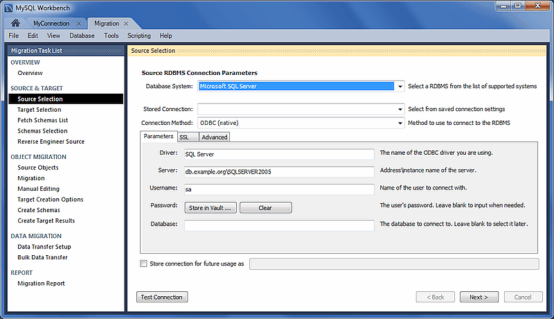 MySQL Workbench migration: Source Selection (Parameters)