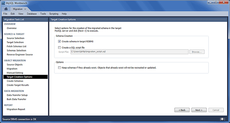 MySQL Workbench migration: Target Creation Options