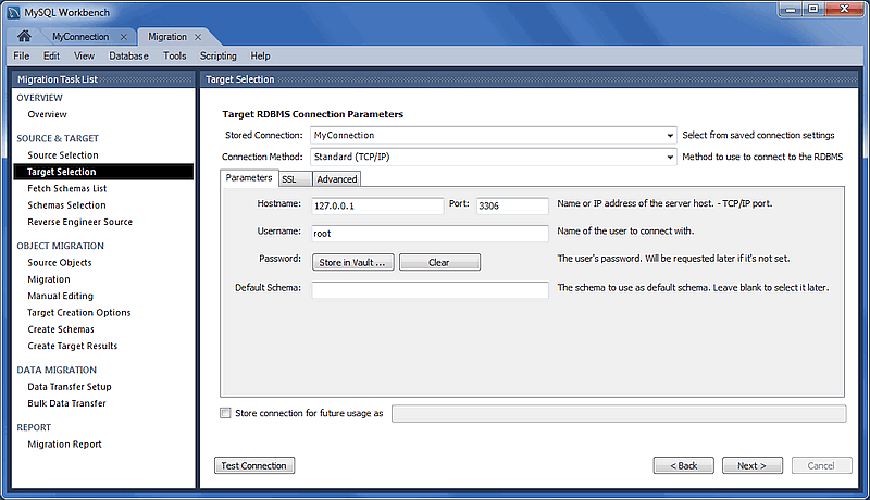 MySQL Workbench migration: Target selection