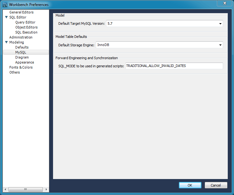 Preferences: Modeling: MySQL