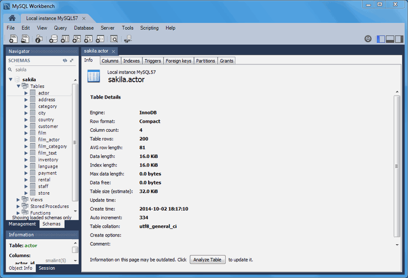 Table Inspector: Info Tab