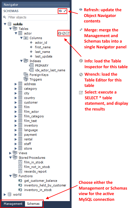 SQL Editor - Navigator Schemas Tab