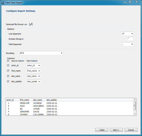 Table Data Import/Export Wizard CSV Configure