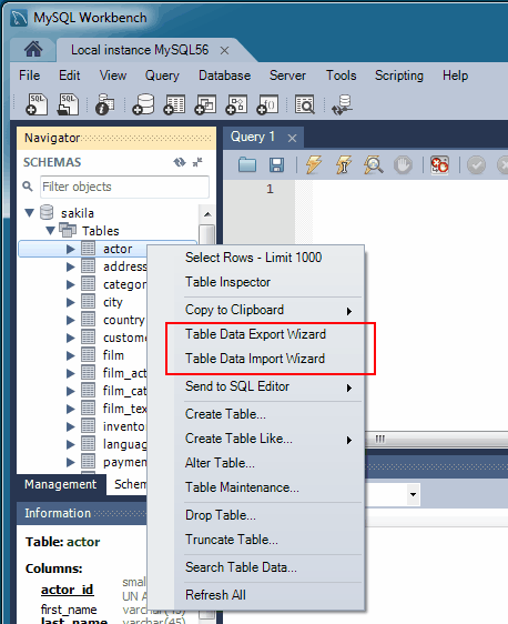 Table Data Import/Export Wizard Menu