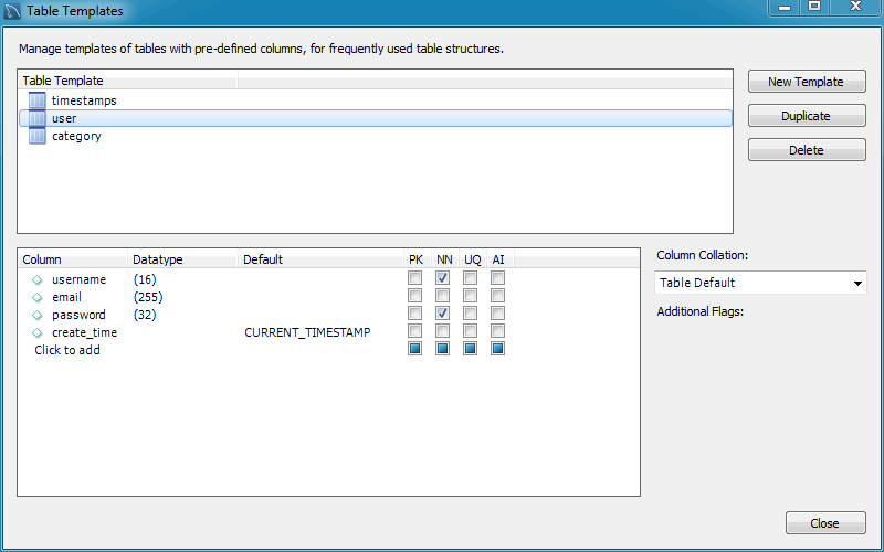 Table Templates Manager