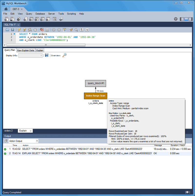 DBT-3 Visual Explain Tutorial: Index Range Scan: Best