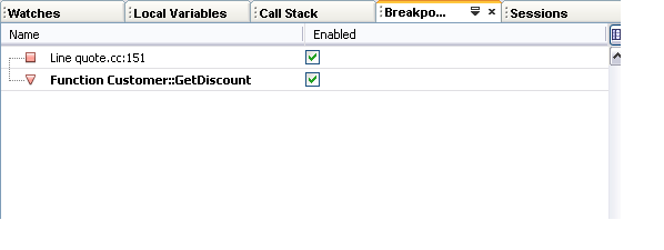 Screenshot of Breakpoints tab