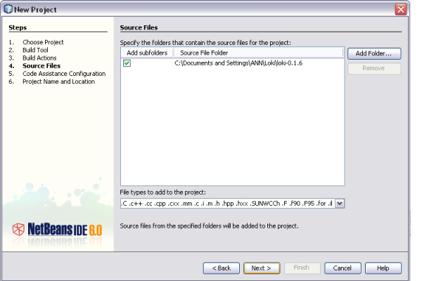 Screen shot of Source File
    Folders page of Project Wizard