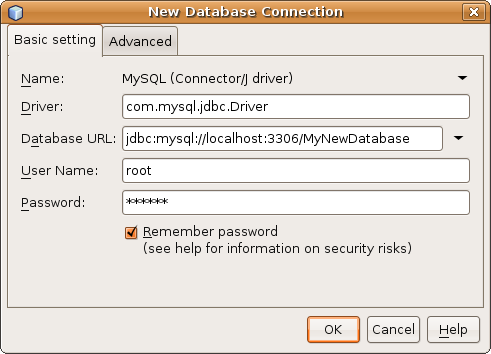 New Database Connection dialog containing connection details