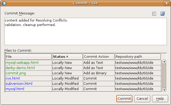 Commit dialog displaying files about to be committed