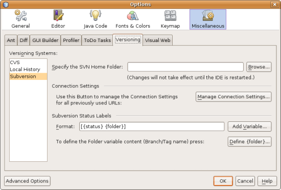 Subversion Options dialog featuring user-defined options