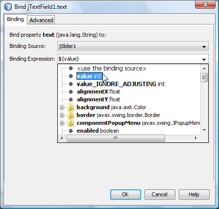 Image showing values to select in the Binding Source combo box.