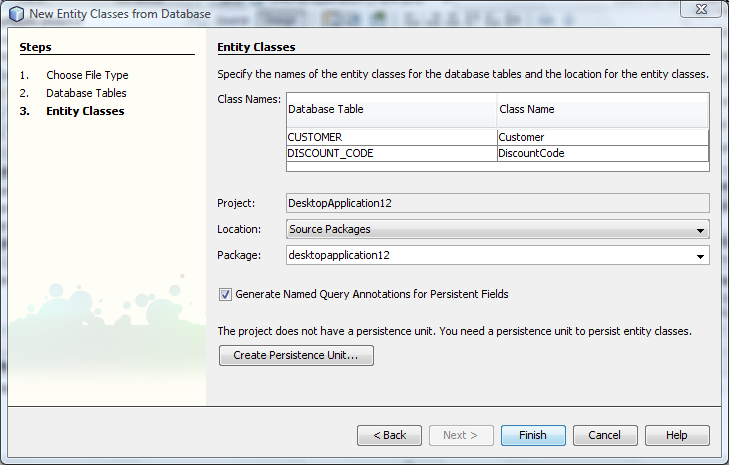 Image showing the Entity Classes page of the New Entity Classes From Database wizard.
