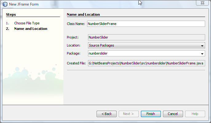 Image showing the Name & Location page of the New JFrame wizard 
                with the file information filled in.
