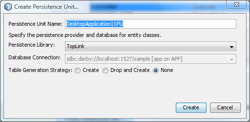 Image showing the Create Persistence Unit dialog box.