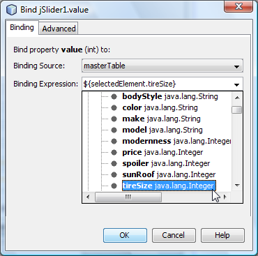A screenshot of the Bind dialog box showing the modernness field being bound to the second slider