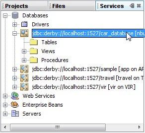 car_database under Databases node in Services window