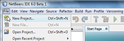 NetBeans IDE with the File > New Project menu item selected.