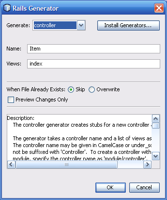 Rails Generator Invoked From the Controllers Node