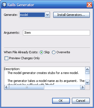 Rails Generator Invoked From the Model Node