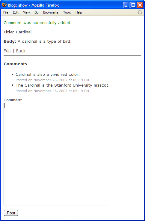 Figure 2:  View of Comment Model, With Comments