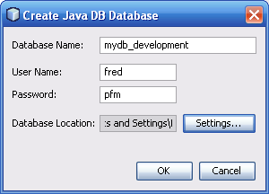 Create Java DB Database dialog box
