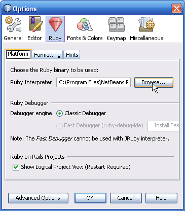 Screenshot of Ruby Options window