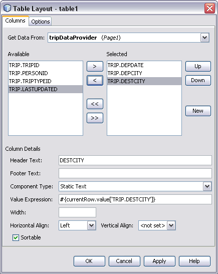 Figure 4: Table Layout Dialog Box