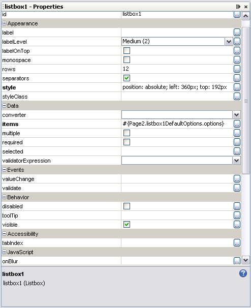 Figure 10: Listbox Property Sheet in the Properties Window