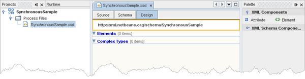 Schema file created, Design view of XML schema editor, click to enlarge