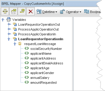 Local schema elements shown in BPEL Mapper source pane