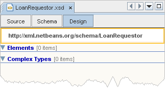 New schema file open in Design view of XML schema editor