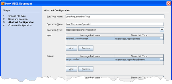 Completed Abstract Configuration page of New WSDL Document wizard, click to enlarge