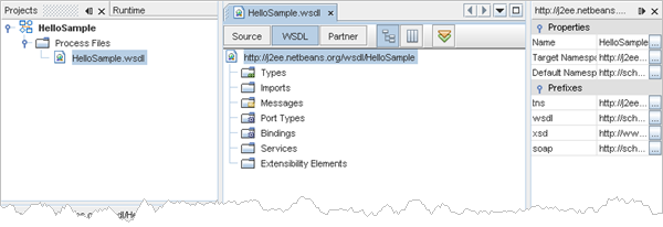 New WSDL document open in WSDL editor and visible Properties window, click to enlarge