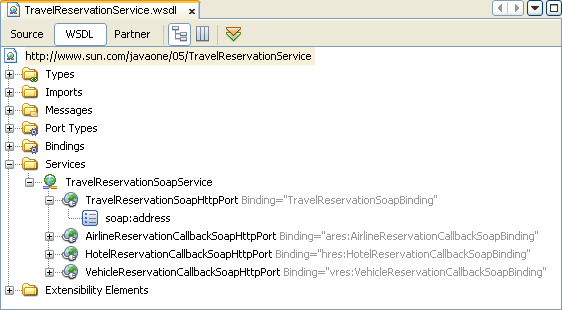service example in WSDL view of WSDL Editor