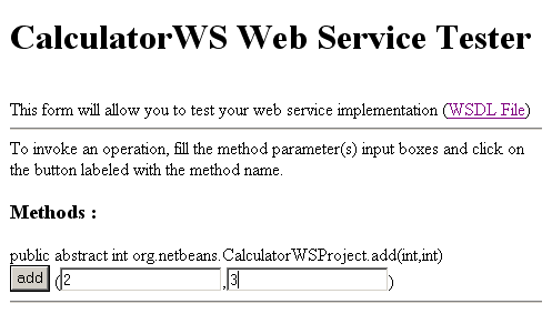 Web service tester page when service successfully deployed to Sun Java System Application Server