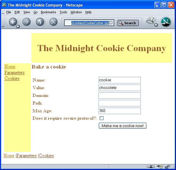 Web browser displaying CookieCutter.jsp page with Name and Value text fields populated.