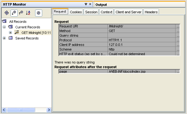 HTTP Monitor displaying records in the Request tab after the web application was executed.